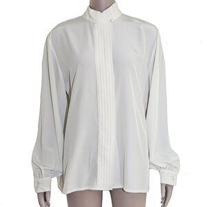 White Pleated Button-Down Blouse Classic‎ Collared Shirt for Office Formal Top